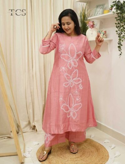 Floral Thread Embroidered Viscose Kurti Palazzo Set