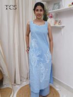 Sky Blue Denim Mirror Work Suit Set - Image 3