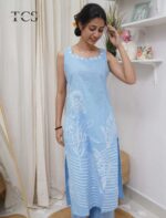 Sky Blue Denim Mirror Work Suit Set