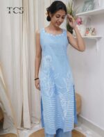 Sky Blue Denim Mirror Work Suit Set - Image 2