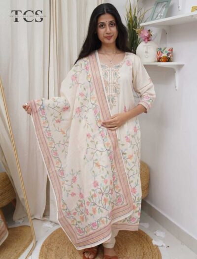 Ivory Blossom Linen Zardosi Suit Set