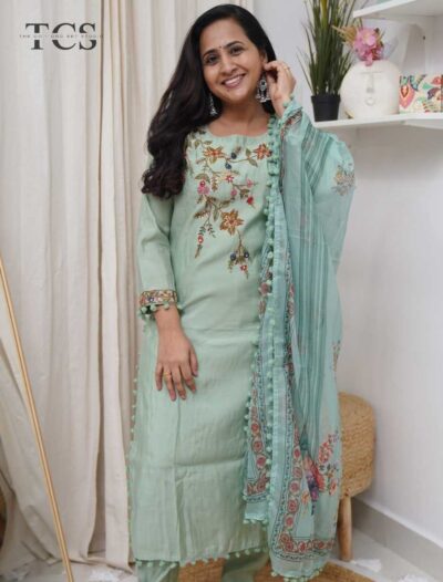 Mint Garden Embroidered Dola Silk Suit Set