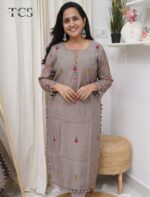 Mocha Bloom Embroidered Dola Silk Suit Set - Image 8