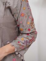 Mocha Bloom Embroidered Dola Silk Suit Set - Image 11