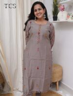 Mocha Bloom Embroidered Dola Silk Suit Set - Image 7