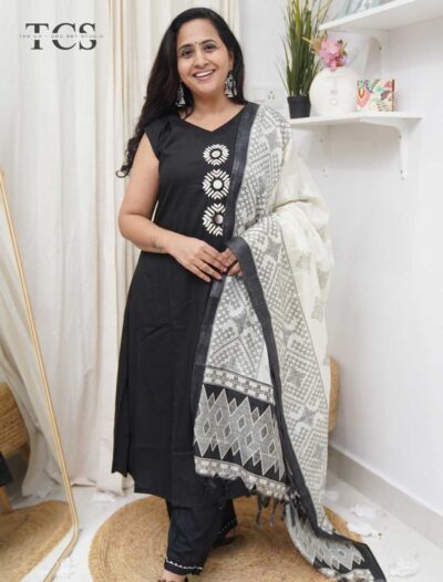 Black Ivory Embroidered Rayon Cotton Suit