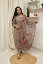 Mocha Bloom Embroidered Dola Silk Suit Set - Image 2