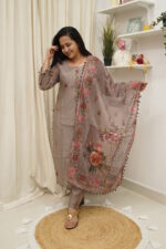 Mocha Bloom Embroidered Dola Silk Suit Set