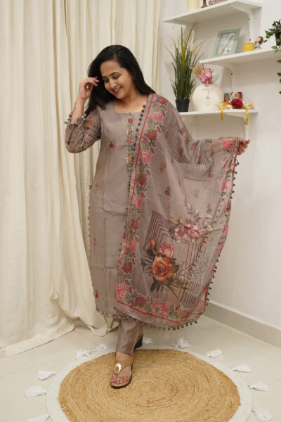 Mocha Bloom Embroidered Dola Silk Suit Set