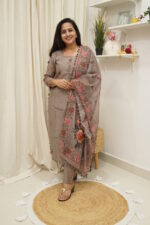 Mocha Bloom Embroidered Dola Silk Suit Set - Image 4