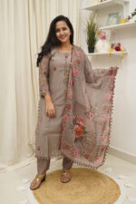Mocha Bloom Embroidered Dola Silk Suit Set - Image 5
