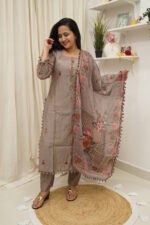 Mocha Bloom Embroidered Dola Silk Suit Set - Image 6